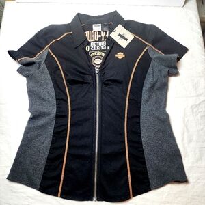 Harley-Davidson Women’s Fitted Zip-Up Mechanic Shirt Black/Gray NWT 2014 2XL
